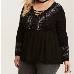 Torrid Fair Isle Knit Chiffon Trim‎ Sweater Black 2X  Boho Tunic Sheer Bottom
